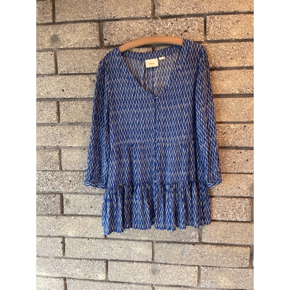 Maeve Blue & White Printed V-Neck Peplum Blouse Medium Rayon Womens Top